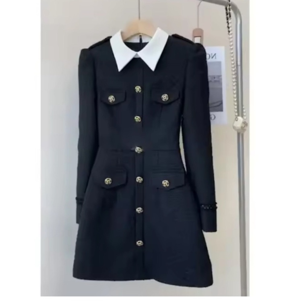 Black Tweed Blazer with White Collar and Gold Accents